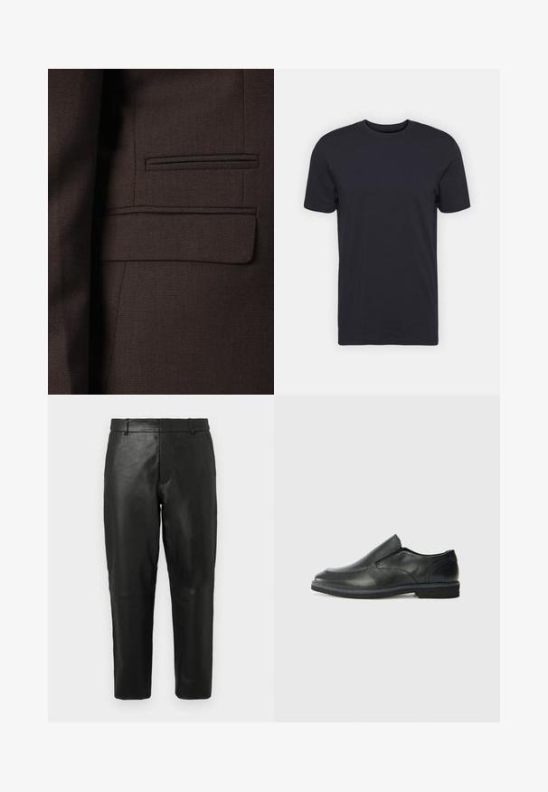 Hnědá sako s texturovaným materiálem a jemnými tkaninovými vzory, vícetrojnými akcenty a jednou náprsní kapsou.; Černé bavlněné tričko, krátké rukávy, kulatý výstřih, jednobarevné, lehká tkanina, hladká textura, žádné viditelné vzory nebo grafika.; Černé kožené kalhoty rovného střihu s poutek na opasek a bočními kapsami, vystavené na jednobarevném světlém pozadí.; Černá kožená nazouvací bota s hladkým svrškem, prošívanými detaily, zaoblenou špičkou a nízkým gumovým podpatkem. Podešev má minimální vzorek.