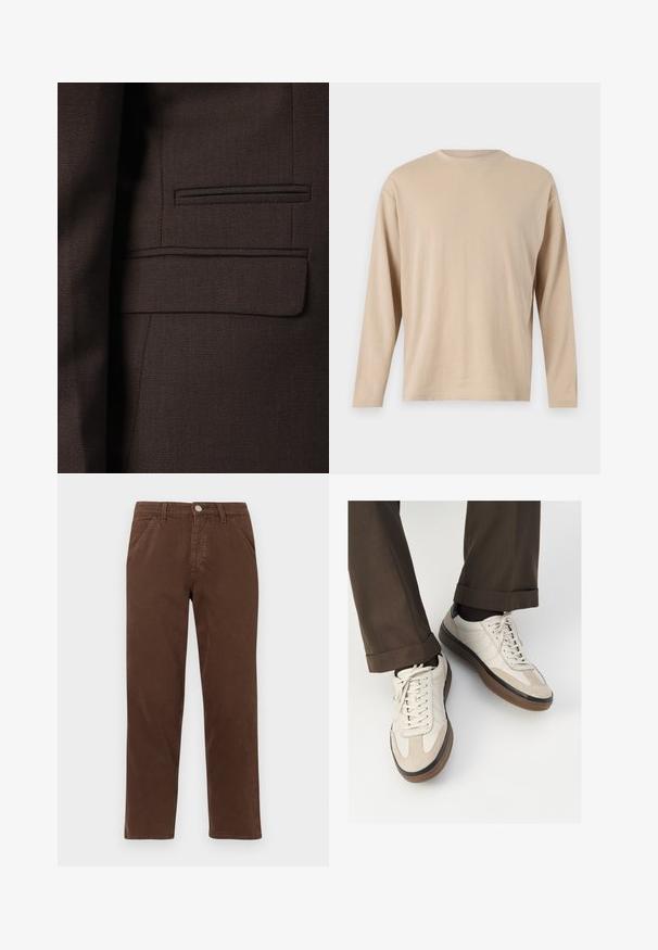 Smeđa sako jakna od teksturirane tkanine s suptilnim uzorcima tkanja, višebojnim naglascima i jednim džepom na prsima.; Bež majica dugih rukava od mekanog materijala, ravnog kroja, s okruglim izrezom i minimalnim detaljima šivanja na rubovima i rukavima.; Smeđe pamučne hlače ravnog kroja, s prednjim džepovima i metalnim zatvaranjem na dugme. Karakteriziraju ih glatka tekstura i minimalistički dizajn.; Bež tenisice s teksturiranom nubuk prednjom stranom, glatkim kožnim bočnim stranama i smešnim gumenim potplatom. Uključene su vezice i lagani detalji šivanja.
