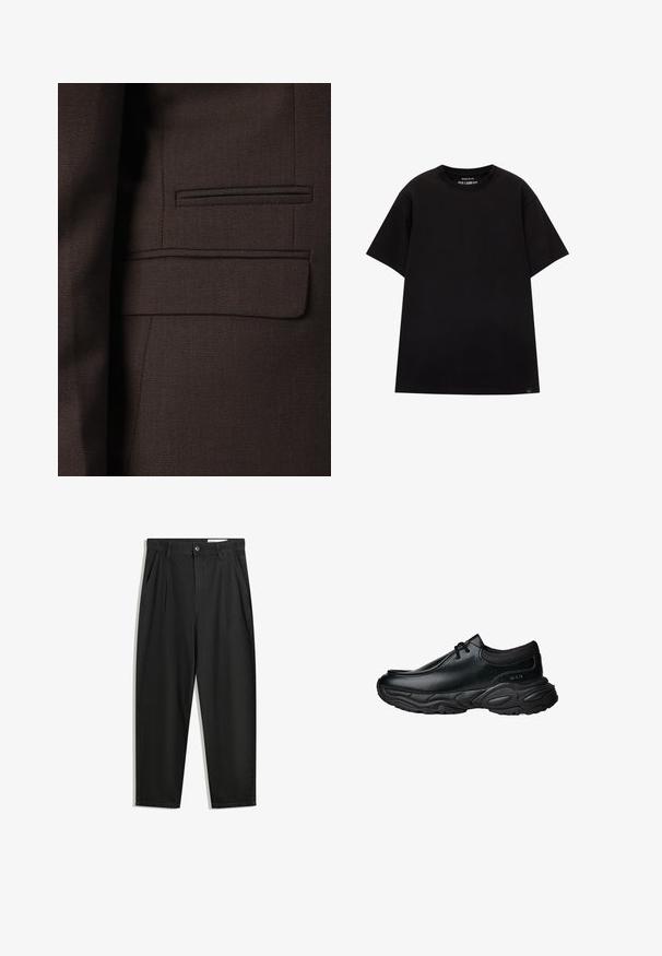 Smeđa sako jakna od teksturirane tkanine s suptilnim uzorcima tkanja, višebojnim naglascima i jednim džepom na prsima.; PULL&BEAR JOIN LIFE - Osnovna majica kratkih rukava - black; Crne pamučne hlače s opuštenim krojem, s klasičnim pojasom, prednjim nabranjima i bočnim džepovima. Glatka tekstura bez uzoraka.; Crne kožne cipele za klizanje s okruglim nosom i debelim teksturiranim gumennim đonom. Sadrže suptilnu obrubu i elastične akcenti na ovratniku.