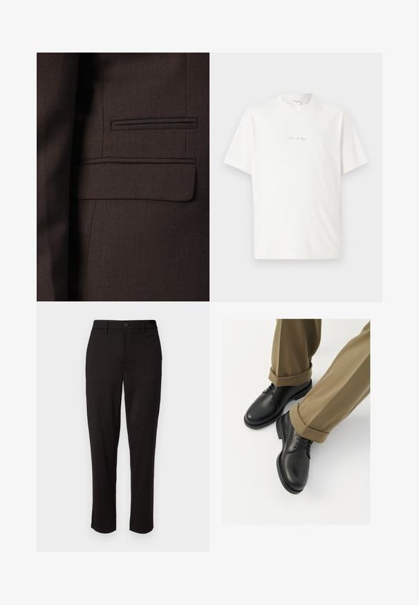Pruun ülikonnajakk, millel on tekstureeritud kangas, õrnad kudumismustrid, mitme tooni aktsendid ja üks rinnaesa tasku.; Valge puuvillane T-särk ümmarguse kaelusega, lühikeste varrukate ja väikese prinditud logoga ees. Sile tekstuur ja mugav lõige.; Mustad mustad kerge kangaga püksid, sirge säärega, ees nupuga sulgemisega, vöökoha silmadega ja küljetaskutega.; Mustad mustad naha kingad, millel on sile viimistlus, sidemed ja ümar nina, on kombineeritud üleskeeratud khaki pükstega.