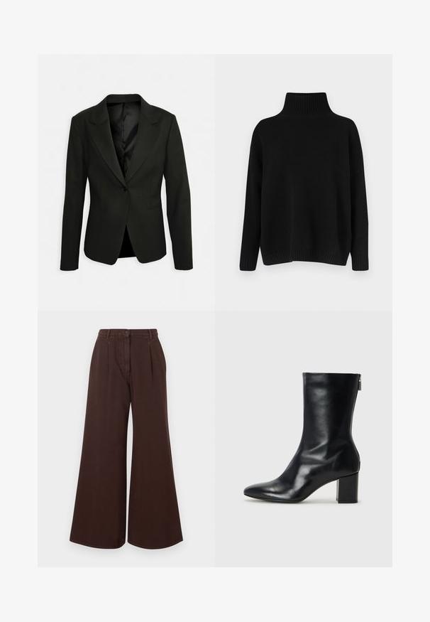 Juodas, pritaikytas švarkas su vienu mygtuku, įpjovomis apykaklėmis ir dviem priekinėmis kišenėmis. Lygus paviršius su satino pamušalu ir struktūrine forma.; Juodas megztinis megztas, su aukštu ribuotu apykakliu, nuleistais pečiais ir laisvo silueto. Turi ribotas rankogalius ir apačią, suteikiančias tekstūros.; Aukšto juosmens platėjančios rudos kelnės su mygtuku ir užtrauktuku, dirželių kilpomis ir priekinėmis raukšlėmis.; Juodų odinių kulkšninių botų su smailiu nosiu ir 4 cm pločio bloku. Išskirtinis dizainas pasižymi šoniniu užtrauktuku, leidžiančiu lengvai apsiauti. Lygi tekstūra.