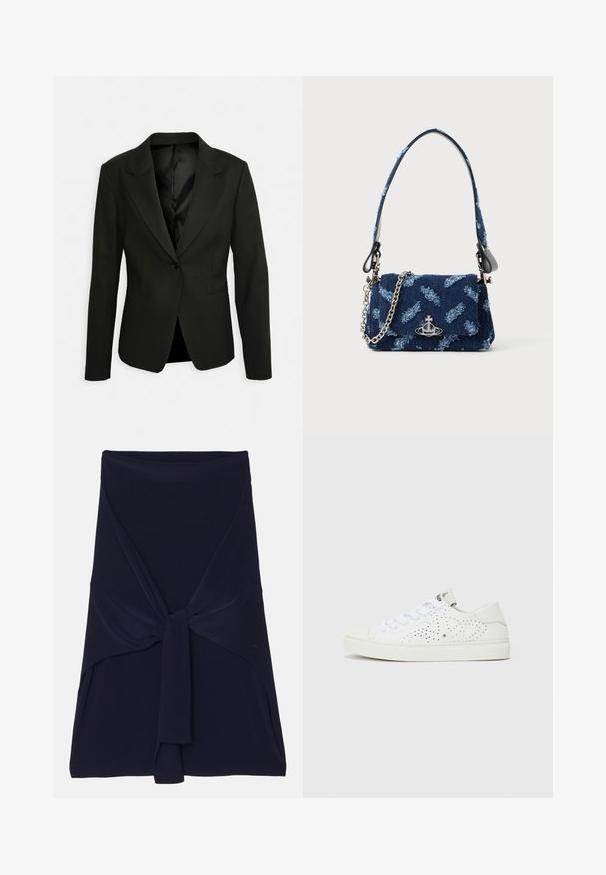 Juodas, pritaikytas švarkas su vienu mygtuku, įpjovomis apykaklėmis ir dviem priekinėmis kišenėmis. Lygus paviršius su satino pamušalu ir struktūrine forma.; Balta trumpa rankovėmis T marškiniai, pagaminti iš medvilnės, su mažu siuvinėtu lokio dizainu mėlyname kosminėje laive ant krūtinės.; Tamsiai mėlyna apvyniota sijonas, pagamintas iš minkštos, tamprios medžiagos su surištu dizainu priekyje, turintis lygų paviršių ir pritaikytus kraštus.; Balti žemakulniai sportbačiai su perforuotu dizainu, plokščiomis raištelėmis ir tekstūruotu guminiu padu. Išsiskiria minimalistišku stiliumi ir minkštu apdaila.; Tamsiai mėlynas audinio rankinukas su tekstūruotu dizainu, sidabrinės spalvos detalėmis ir nuimama grandinėle. Yra užsegimas ant ventiliatoriaus ir logotipo akcentas.