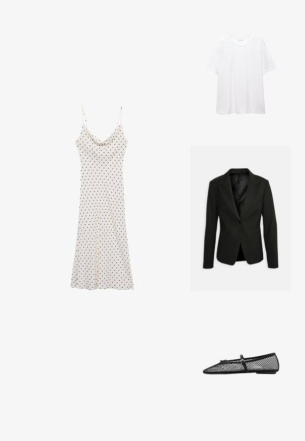 Blazer nero su misura con un solo bottone, revers a punta e due tasche frontali. Texture liscia con una fodera in raso e forma strutturata.; T-shirt bianco semplice realizzato in cotone, con scollatura rotonda, maniche corte e vestibilità morbida. Texture liscia senza motivi o accenti.; Vestito senza maniche in tessuto morbido e leggero; fondo crema con pois neri; scollatura drappeggiata e silhouette fluida.; Ballerina nera in rete con punta affusolata, cinghia decorativa e accento sottile. Presenta un design a rete aperta e suola piatta.; Borsa a tracolla in pelle nera con accessori in metallo dorato, dotata di una chiusura distintiva, di una tracolla rimovibile e di una superficie texturizzata.