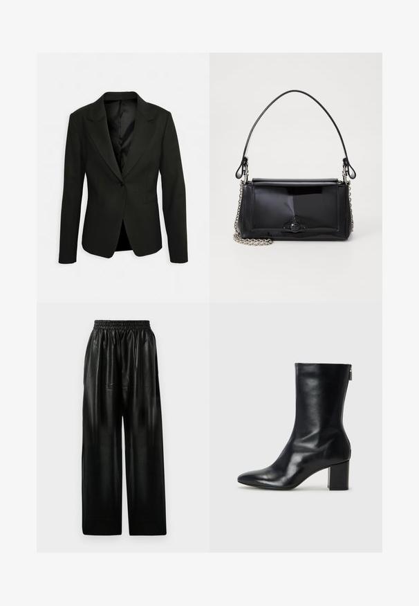 Černý, vypasovaný blejzr s jedním knoflíkem, klopovými límci a dvěma předními kapsami. Hladká textura s saténovou podšívkou a strukturovaný tvar.; Černý krátký rukáv top s vysokým výstřihem a volným střihem. Vyrobeno z měkké látky s hladkým povrchem. Bez viditelných vzorů nebo grafik.; Černé kožené kalhoty s širokými nohavicemi a elastickým pasem, které mají dvě boční kapsy a hladkou, lesklou texturu.; Černé kožené kotníkové boty s špičatou špičkou a blokovým podpatkem o výšce 4 cm. Elegantní design obsahuje boční zip pro snadné obouvání. Hladká textura.; Černá lakovaná kožená kabelka obdélníkového tvaru, řetízkový popruh a výrazné kovové zdobení uprostřed. Hladká textura.