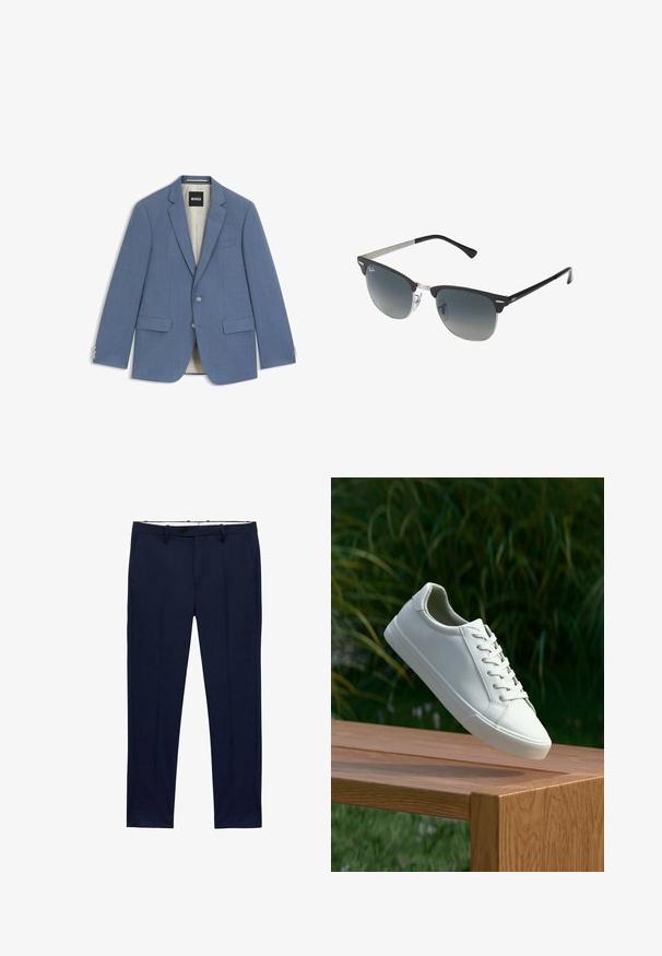 Jasnoniebieska marynarka wykonana z teksturowanej tkaniny. Posiada klapy typu notch, dwie przednie kieszenie, zapięcie na pojedynczy guzik oraz kontrastową podszewkę.; Białe koszulki z krótkim rękawem ułożone w stos, wykonane z bawełny. Posiadają okrągły dekolt i prosty krój. Materiał wydaje się gładki, bez wzorów.; Granatowe spodnie o dopasowanym kroju z prążkowanym wzorem. Posiadają zamek błyskawiczny, szlufki na pasek oraz kieszenie z przodu. Gładka faktura materiału.; Białe sneakersy sznurowane unoszące się nad drewnianą ławką z zielonymi liśćmi w tle, ukazujące wzór i teksturę buta.; Czarno-srebrne okulary przeciwsłoneczne w kształcie kociego oka, z gradientowymi soczewkami i metalowymi akcentami na oprawie. Plastikowe ramiona z szarymi końcówkami.