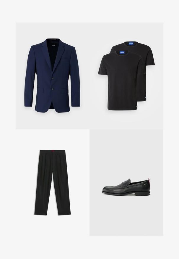 Navy tailored blazer with two buttons, lapel collar, and patch pockets. Smooth texture with a minimalist design. Brand logo visible inside.; Two black cotton T-shirts with round necklines, short sleeves, and blue "HUGO" labels on the collars and side hems.; Black trousers with a pleated design, wide leg shape, and a smooth texture. Features a red waistband tag.; Black leather loafers with a textured front panel and smooth sides. Features a slim heel and rear loop for easy wear. Classic design.