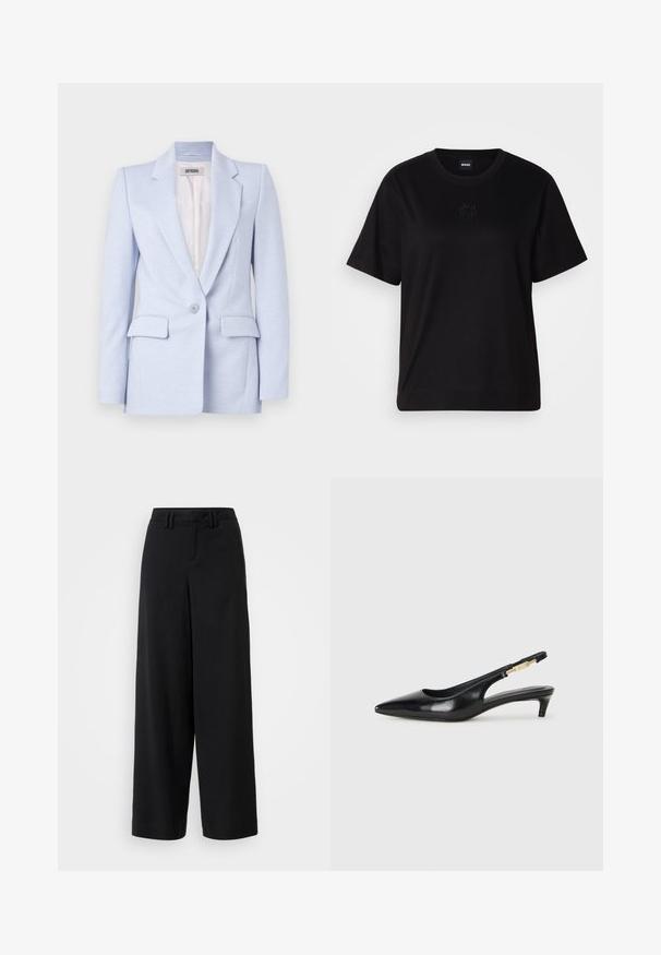 Světle modrý blazer s přizpůsobeným designem, dvěma předními kapsami, zapínáním na jeden knoflík a klopovým límcem. Hladká textura, nevyztužený interiér.; Černé bavlněné tričko s kulatým výstřihem, krátkými rukávy a vyšitým logem na hrudi. Jednoduchý, volný střih bez vzorů.; Černé kalhoty širokého střihu z hladkého materiálu, s plochým předním dílem, sklady a poutky na opasek v pase.; Černé kožené boty na podpatku s otevřenou patou a špičatou špičkou, s tenkým podpatkem a zlatým akcentem na nastavitelném pásku. Hladký povrch.