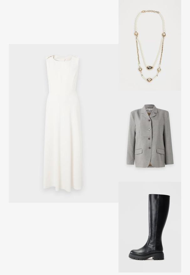 Hall plüüšsjakker, millel on lõigatud krae, neli esistummut, kaks küljetaskut ja sile tekstuur.; Valge ilma varrukateta kleit, millel on istuv korpus ja laienev seelik. Omab ümarat kaelust ja peeneid õlavarre aktsente. Sile tekstuur.; Siled mustad põlvini saapad, mis on valmistatud siledast nahast, ümmarguse varbaga ja jõulise kummist tallaga, millel on mustriga pind hea haardumise tagamiseks.; Teemantidega kaunistatud pärlikee, millel on kuldsed aktsendid, kolm kivi-dekoratsiooniga posti ja kudumisega osa. Värvipalett sisaldab valget ja kuldset.