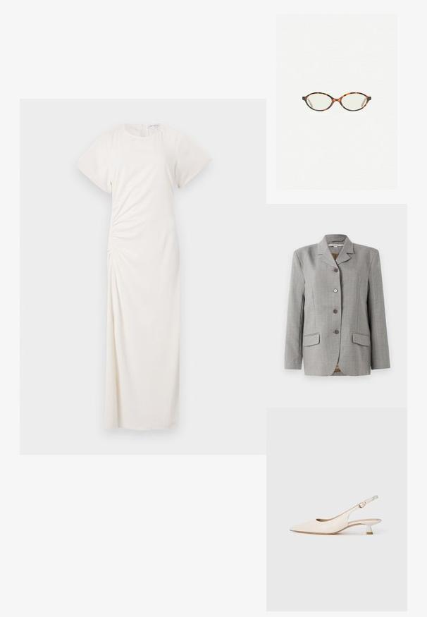 Szary blazer w kratę z klapami, czterema guzikami z przodu, dwiema bocznymi kieszeniami i gładką fakturą.; Biała sukienka z krótkimi rękawami, okrągłym dekoltem i bocznymi marszczeniami; gładki materiał w długości do podłogi.; Kremowy, spiczasty but na odkrytej pięcie z niskim obcasem w kształcie kociego pazura i złotym klamrą na jednolitym białym tle.; Okulary w kolorze tortoiseshell z owalnymi soczewkami i gładkim, eleganckim wykończeniem. Posiadają cienkie boki z delikatnym łukiem w okolicy skroni. Przezroczyste soczewki.