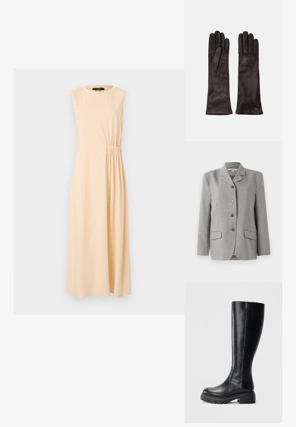 Gray plaid blazer featuring a notched collar, four front buttons, two side pockets, and a smooth texture.; Sleeveless midi dress in light beige, featuring a gathered side detail. Made from soft fabric, with a round neckline and relaxed fit.; Black knee-high boots made of smooth leather, featuring a rounded toe and a chunky rubber sole with tread patterns for traction.; Weekend Max Mara SENAPE - Gloves - nero