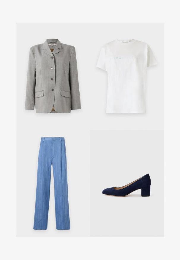 Blazer cinza com padrão xadrez, apresentando um colarinho com entalhe, quatro botões frontais, dois bolsos laterais e uma textura suave.; T-shirt de algodão branca com mangas curtas e decote redondo, apresentando a palavra "INTROSPEÇÃO" em texto azul claro na parte da frente.; Calças largas de treino azul claro com riscas brancas verticais. Feitas de material liso, apresentam um plissado frontal e um design de cintura limpa.; Salgados de camurça azul-marinho com bico fino e um salto quadrado de altura média. Textura suave com um ligeiro brilho e um pequeno corte na parte da frente.