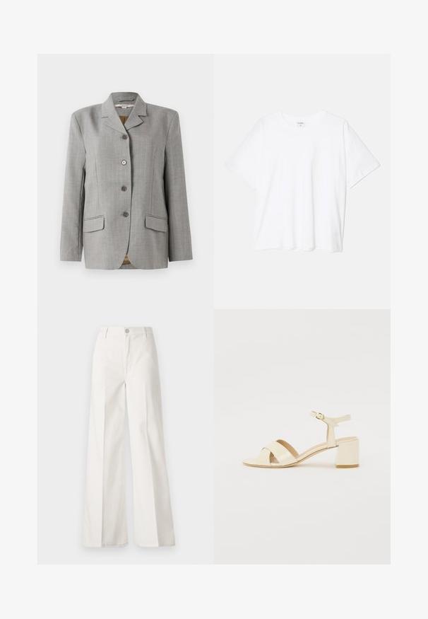 Sacou gri cu carouri, având guler cu zimți, patru butoane frontale, două buzunare laterale și o textură netedă.; Tricou alb din bumbac, cu mâneci scurte, guler rotund, croi lejer și tiv cusut. Eticheta este vizibilă pe interiorul gulerului.; Pantaloni albi cu picioare largi, confecționați din bumbac cu o textură fină. Prezintă un buton în față, fermoar și un design cu patru buzunare.; Sandale cu toc din piele patent bej, cu un design cu curea încrucișată, vârf deschis, curea ajustabilă la gleznă și toc pătrat. Textură netedă.