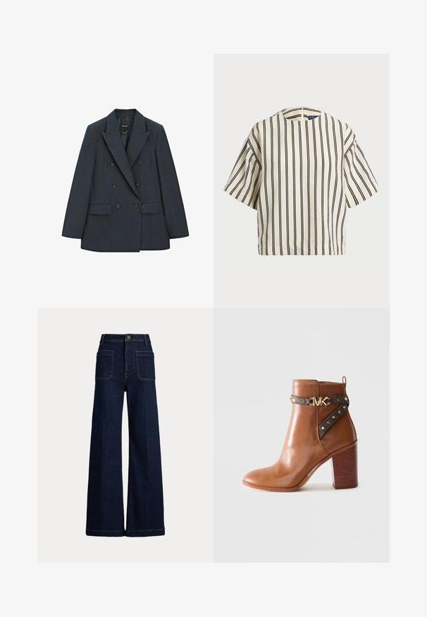 Dunkelblaues, zweireihiges Blazer mit Nadelstreifenmuster. Verfügt über einen Reverskragen, zwei Fronttaschen und schwarze Knöpfe. Glatte Textur.; Kurzärmliges, gestreiftes Oberteil in Creme und Marineblau, mit rundem Halsausschnitt und kastiger Form aus strukturiertem Stoff.; Weite, dunkelblaue Jeans mit hohem Bund, Fünf-Taschen-Design und kontrastierenden Nähten. Sie verfügt über einen Knopfverschluss und eine strukturierte Form.; Braunes Leder-Stiefelette mit gestapeltem Blockabsatz, seitlichem Riemen mit goldenen Nieten und einer goldenen "MK"-Logo-Schnalle.