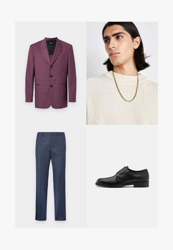 Fioletowa marynarka w prążki z klapami, trzema czarnymi guzikami i dwoma bocznymi kieszeniami. Podszewka, dopasowany krój, usztywnione ramiona.; Biała, długosleeve koszula zapinana na guziki z bawełny, z klasycznym kołnierzykiem, guzikami z przodu i minimalnymi detalami przeszycia.; Granatowe spodnie wykonane z teksturowanej tkaniny, z prostymi nogawkami, płaskim przodem i dwoma bocznymi kieszeniami. Brak widocznych wzorów lub akcentów.; Czarne skórzane buty do garnituru z podwójnymi klamrami, smukła sylwetka i okrągły czubek. Posiadają niski obcas i gładką fakturę.; Złoty naszyjnik noszony na kremowym swetrze z prążkowanego dzianiny; miękka tekstura z wysokim kołnierzem i subtelnym wzorem w tkaninie.