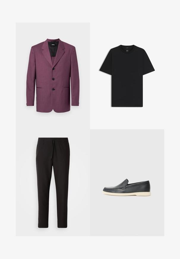 Giacca a blazer viola con righe sottili, collo a reversed, tre bottoni neri e due tasche laterali. Interno foderato, vestibilità su misura, spalle strutturate.; Maglietta nera a maniche corte realizzata in un morbido misto cotone, con scollatura a girocollo e un design minimalista senza motivi o dettagli.; Pantaloni jogger neri realizzati in tessuto liscio. Presentano una vita elasticizzata con stringa, gambe affusolate e senza tasche visibili. Design semplice.; Mocassini neri in pelle con finitura testurizzata e suola in gomma beige a contrasto. Presentano un accento sottile lungo la parte anteriore.