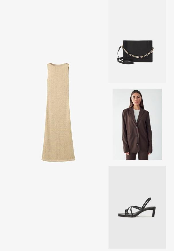 Brun blazer med spidse klapper, enkeltsidet knaplukning og to forlommer. Glat stof, skræddersyet pasform og minimalistisk design.; Beige ærmeløs kjole med et struktureret strikkemønster, lang længde og en glat rund halsudskæring, der har et diskret vævet design gennem hele kjolen.; Sort remsandale med firkantet tå og en lav blokeret hæl. Har flere tynde stropper og en justerbar ankelrem. Fremstillet af glat læder.; Sort læder crossbody taske med en glat tekstur, rektangulær form og en metallisk kæde detalje foran. Justerbar skulderrem inkluderet.