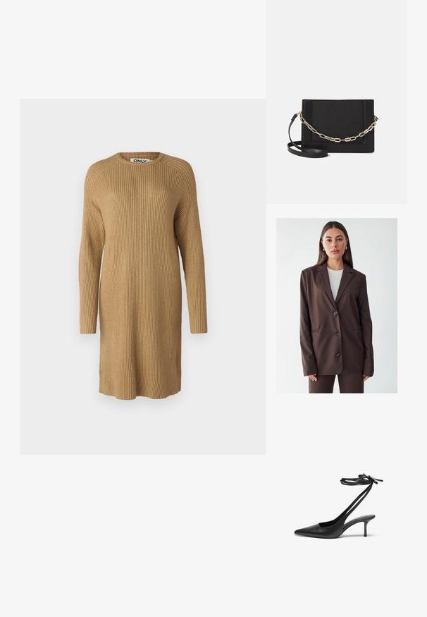 Hnedý blejzer s klopovým golierom, jednoradovým zapínaním na gombíky a dvoma prednými vreckami. Hladká tkanina, priliehavý strih a minimalistický dizajn.; Šaty po kolená, ribbovaná pletenina v svetlohnedej farbe, s dlhými rukávmi a zaobleným výstrihom. Obsahujú bočné rozparky pre pohodlný pohyb.; Čierne kožené stiletto topánky s špicatou špičkou, otvorenou zadnou časťou a remienkami na členku viazanými do mašle. Úzky 3-palcový opätok. Hladká textura, minimalistický dizajn.; Čierna kožená crossbody taška s hladkou textúrou, obdĺžnikovým tvarom a kovovým reťazovým detailom na prednej strane. Súčasťou je nastaviteľný popruh.