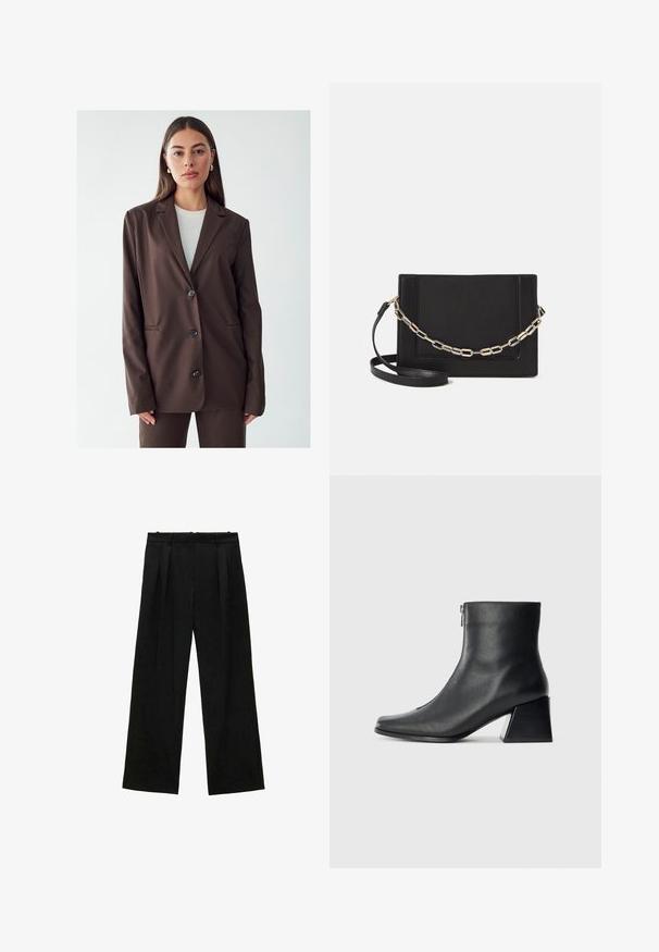 Hnedý blejzer s klopovým golierom, jednoradovým zapínaním na gombíky a dvoma prednými vreckami. Hladká tkanina, priliehavý strih a minimalistický dizajn.; Hnedé tričko s krátkym rukávom vyrobené z jemného materiálu, s okrúhlym výstrihom a voľným strihom. Žiadne viditeľné vzory ani akcenty.; Čierne široké nohavice s skladmi, s hladkou textúrou a vysokým pásom. Minimalistický štýl, žiadne viditeľné kovania ani ozdoby.; Čierna kožená členková obuv so štvrcovým špičkou, bočným zipsom a blokovým podpätkom na jednoduchom svetlom pozadí.; Čierna kožená crossbody taška s hladkou textúrou, obdĺžnikovým tvarom a kovovým reťazovým detailom na prednej strane. Súčasťou je nastaviteľný popruh.