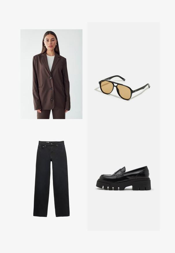 Brun blazer med spidse klapper, enkeltsidet knaplukning og to forlommer. Glat stof, skræddersyet pasform og minimalistisk design.; Sort langærmet skjorte lavet af ribbet stof. Den har en rund halsudskæring og et tætsiddende design uden synlige mønstre eller accenter.; Sorte brede jeans lavet af denim, med fem lommer, knaplukning, subtil syning og lige snit fra talje til søm.; Sorte læder loafers med en chunky, tekstureret platformssål og en dekorativ rem over toppen. Glat, blank finish.; Sorte solbriller med brune tonede linser; rektangulær form med en tyk ramme, herunder diskrete hardwaredetaljer på stængerne.; Brun vævet clutchtaske med en struktureret overflade, guldfarvet hardware og dekorative nitter langs kanterne. Har en kædetraspe.