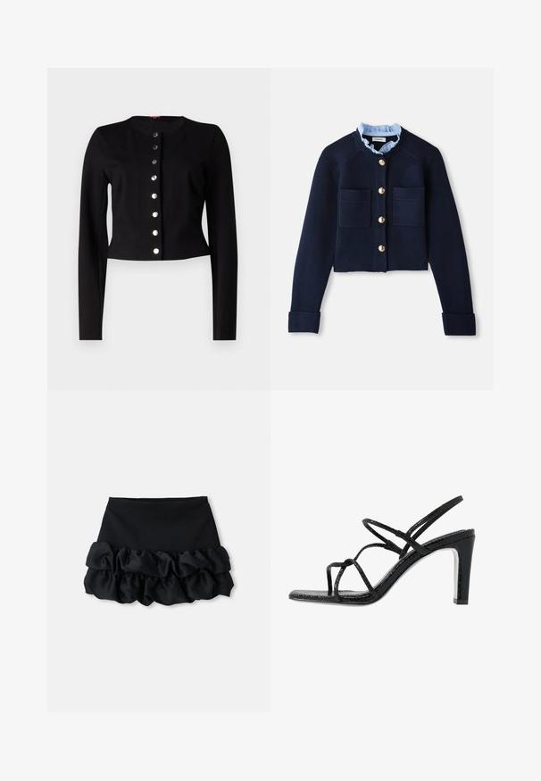 Svart cropped kofta med rund halsringning, långa ärmar och sju metallknäppningar fram. Slät textur.; Marinblå kort cardigan med två framfickor, guldfärgade knappar och en ljusblå volangkrage. Tillverkad av ett ribbat material.; Grå stickad kortärmad cardigan med ett flätmönster, med en denimkrage och fem guldfärgade knappar fram.; Svart minikjol med en åtsittande topp och tre lager volangtyg längst ner, med en mjuk textur och rena linjer.; Svarta klacksandaler med tunna remmar, en strukturerad yta, öppen tå och en elegant, spetsig klackdesign. Har en slät innersula och en glänsande yta.