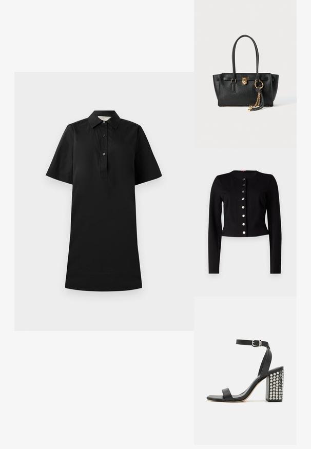 Čierny skrátený kardigán s okrúhlym výstrihom, dlhými rukávmi a siedmimi kovovými gombíkmi na zapínanie vpredu. Hladký povrch.; Čierne šaty s krátkym rukávom, s golierom, radom gombíkov a rovnou siluetou. Vyrobené z ľahkého materiálu s hladkou textúrou.; Čierne kožené sandále na podpätku s remienkom okolo členka. Majú štvorecový špičku, hladký povrch a štvorcovú blokovú pätu ozdobenú striebornými cvokmi.; Čierna kožená kabelka s dvojitými uchami, zlatým zámkom a reťazovým detailom, a čierno-bielym strapcom na bielom pozadí.