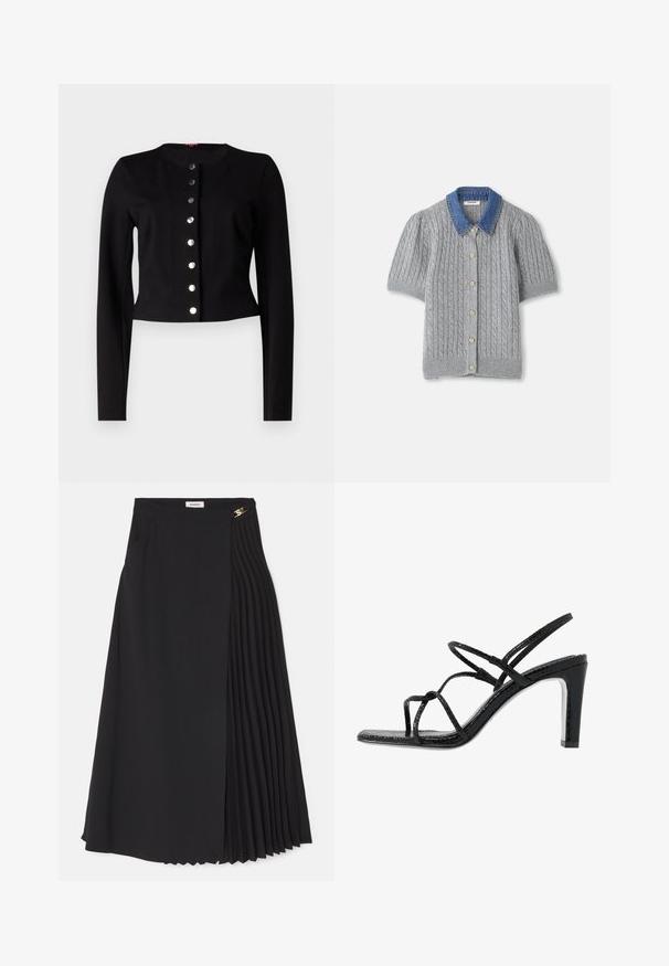 Sort cropped cardigan med rund halsudskæring, lange ærmer og syv metalliske knaplukninger foran. Glat tekstur.; Grå strikket kortærmet cardigan med et kabelmønster, som har en denimkrave og fem guldknapper foran.; Sort midikjole med plisseret design på den ene side, lavet af letvægtsstof med usynlig lynlås og sidelommer.; Sorte hælede sandaler med tynde stropper, en tekstureret overflade, åben tå og et slankt, spidst hældesign. Har en glat indersål og en skinnende overflade.