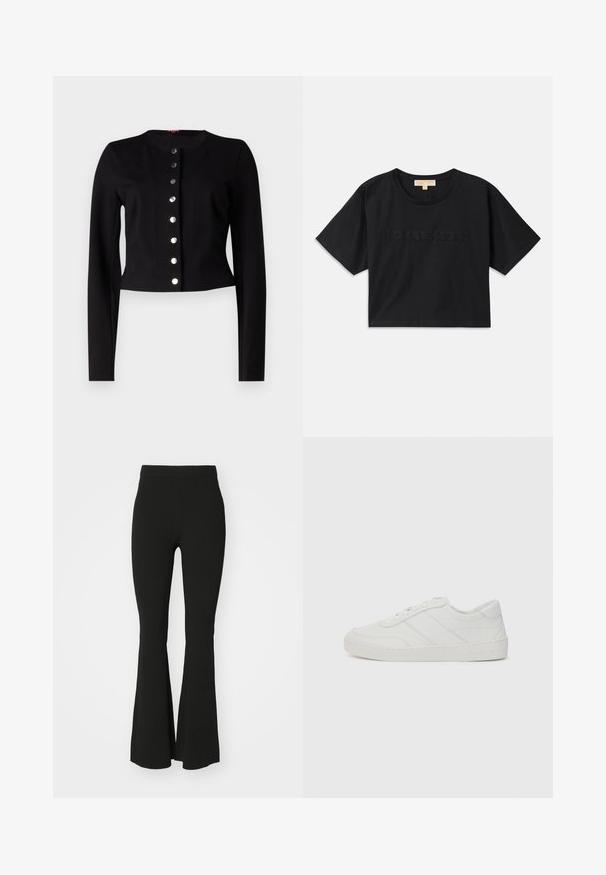 Črn skrajšan cardigan z okroglim izrezom, dolgimi rokavi in sedmimi kovinskimi gumbi z zapiranjem spredaj. Gladka tekstura.; Črna skrajšana majica kratkih rokavov iz bombaža. Ima okroglo izrez in kratke rokave. Na sprednji strani je izšito ime "MICHAEL KORS" v usklajeni barvi.; Črne široke hlače iz raztegljive tkanine, z visokim pasom in gladko, brez okrasja površino. Preprost in prilegajoč se dizajn.; Bele tenisice iz usnje z ravnimi vezalkami, okroglim nosom in subtilnimi šivanimi detajli. Imajo teksturiran podplat in utisnjen logotip blagovne znamke na peti.