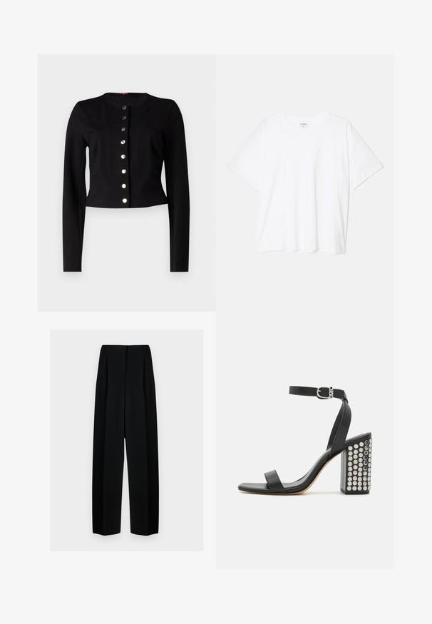 Juodas trumpas kardiganas su apvalia iškirpte, ilgomis rankovėmis ir septyniais metalo mygtukais priekyje. Lygus paviršius.; Balta medvilnės marškinėliai trumpomis rankovėmis, apvalia iškirpte, laisvo kirpimo ir su siūtu kraštu. Etiketė matoma vidinėje iškirptės pusėje.; Juodos plačios kelnės su aukštu liemeniu, su klostėmis ir glotnia tekstūra. Medžiaga atrodo lengva ir dailiai krenta.; Juodos odinės aukštakulnės šlepetės su kulkšnies dirželiu. Yra kvadratinis pirštas, lygus paviršius ir kvadratinis bloko kulnas, papuoštas sidabriniais nagais.