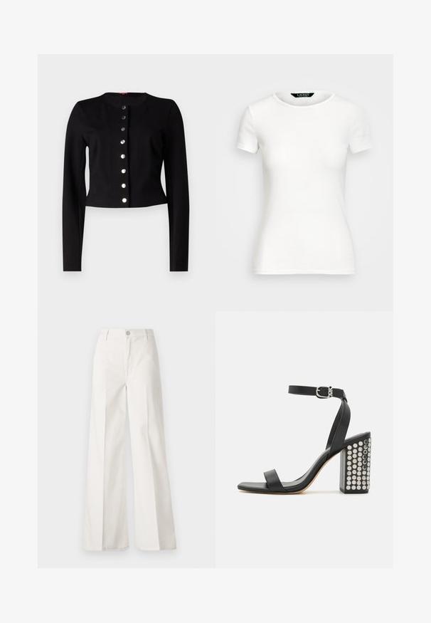 Čierny skrátený kardigán s okrúhlym výstrihom, dlhými rukávmi a siedmimi kovovými gombíkmi na zapínanie vpredu. Hladký povrch.; Biele bavlnené tričko s krátkymi rukávmi, okrúhlym výstrihom, priliehavým strihom a hladkou textúrou. Logo nášivka na výstrihu.; Biele široké nohavice vyrobené z bavlny s hladkou textúrou. Obsahujú predný gombík, zips a dizajn so štyrmi vreckami.; Čierne kožené sandále na podpätku s remienkom okolo členka. Majú štvorecový špičku, hladký povrch a štvorcovú blokovú pätu ozdobenú striebornými cvokmi.