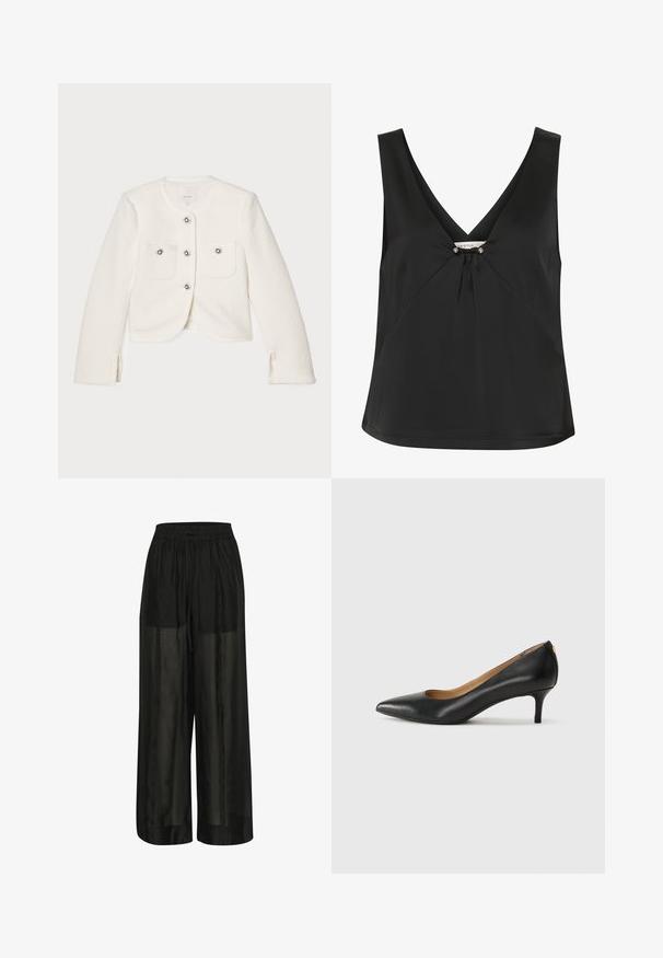 Witte cropped jas gemaakt van gestructureerde stof, met vier knopen met decoratieve details en twee voorzakken.; Zwarte mouwloze top met een V-hals, uitgerust met een decoratieve knoop en zilverkleurige accenten in het midden, gemaakt van een soepele, elegante stof.; Zwarte broek met wijde pijpen van doorschijnende stof, met een elastische tailleband en een trekkoord voor een verstelbare pasvorm en een soepele textuur.; Zwarte leren pump met een puntige teen, lage hak en een gladde textuur. Heeft een lichte opening aan de voorkant en minimale hardware aan de achterkant.