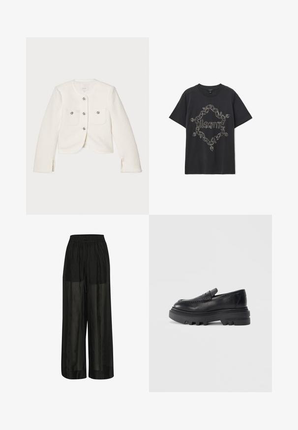 Bijela skraćena jakna izrađena od teksturiranog materijala, s četiri gumba sa dekorativnim ukrasima i dva prednja džepa.; Crna majica kratkih rukava s dizajnom lanaca i lišća koji čini dijamantni oblik oko utisnutog naziva branda "AllSaints" sprijeda.; Crne široke hlače od prozirnog materijala, s elastičnim pojasom i vezicom za prilagodljivo pristajanje te glatkom teksturom.; Crni kožni mokasini s debelim crnim đonom i teksturiranim remenom. Glatka površina i zaobljeni oblik poboljšavaju njegov suvremeni dizajn.