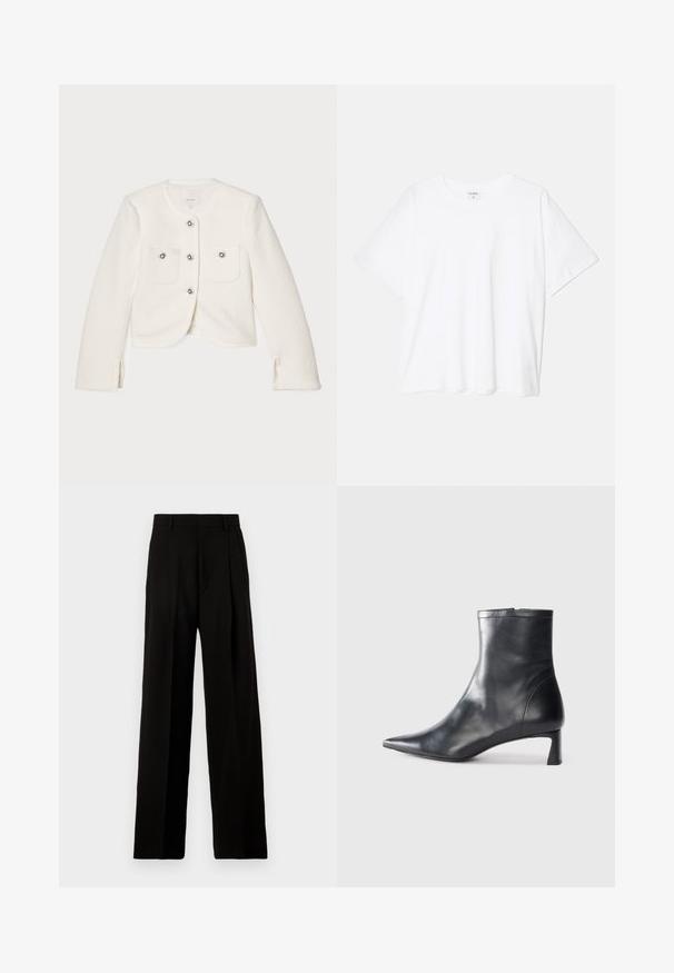 Witte cropped jas gemaakt van gestructureerde stof, met vier knopen met decoratieve details en twee voorzakken.; Witte katoenen t-shirt met korte mouwen, ronde halslijn, comfortabele pasvorm en gestikte zoom. Etiket zichtbaar aan de binnenzijde van de hals.; Zwarte wijde broek van gladde stof, met een hoge taille, plooien aan de voorkant en een schone, op maat gemaakte uitstraling zonder versieringen.; Zwarte leren enkellaars met een spitse neus en een slank ontwerp. Heeft een lage hak en een ritssluiting aan de achterkant. Gladde textuur.