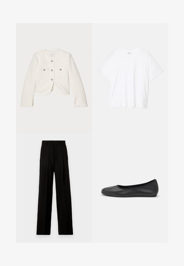 Witte cropped jas gemaakt van gestructureerde stof, met vier knopen met decoratieve details en twee voorzakken.; Witte katoenen t-shirt met korte mouwen, ronde halslijn, comfortabele pasvorm en gestikte zoom. Etiket zichtbaar aan de binnenzijde van de hals.; Zwarte wijde broek van gladde stof, met een hoge taille, plooien aan de voorkant en een schone, op maat gemaakte uitstraling zonder versieringen.; Zwarte leren ballerina met een ronde neus, gladde textuur, minimale stikdetails en een flexibele zoolontwerp.