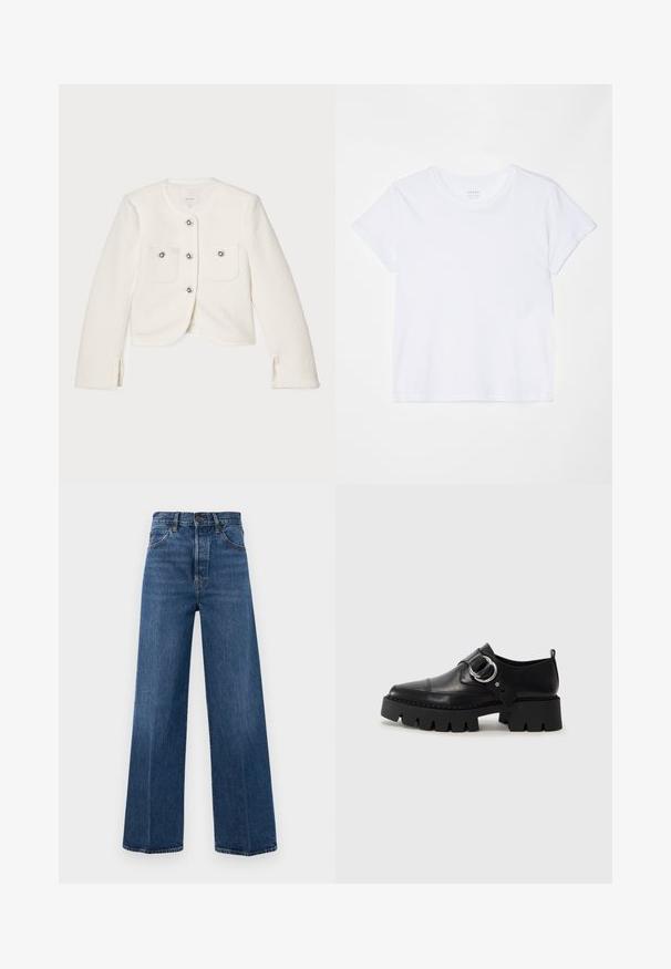 White cropped jacket made of textured fabric, featuring four buttons with decorative embellishments and two front pockets.; FRAME BABY TEE - Basic T-shirt - white; Wide-leg blue jeans made of denim with a high waist, front pockets, and contrast stitching. The fabric has a smooth texture.; Black leather shoes with a chunky, ribbed sole, featuring a circular silver hardware accent and minimal stitching detail.
