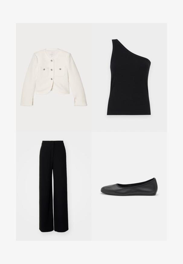 White cropped jacket made of textured fabric, featuring four buttons with decorative embellishments and two front pockets.; One-shoulder black ribbed tank top with a fitted design and soft texture. Features a clean, minimal cut and smooth neckline.; Black wide-leg trousers with a high waist, smooth fabric, front button closure, and no visible pockets, featuring a tailored fit.; Black leather ballet flat with a rounded toe, smooth texture, minimal stitching detail, and a flexible sole design.