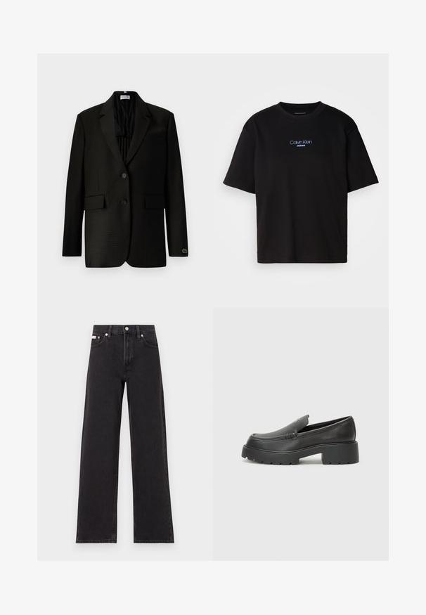Tumšs raibais divu pogu bleiseris ar izgrieztu apkakli, kabatām ar atloku, krūšu kabatu un mazu izšūtu krokodila logo kreisajā piedurknes malā.; Melna kokvilnas T-kreklu ar apaļu kaklu, īsām piedurknēm un zilu izšūtu "Calvin Klein JEANS" logo priekšpusē.; Melni platmalu džinsi, kas izgatavoti no denima, ar augstu vidukli, piecu kabatu dizainu un metāla pogas aizdari ar kontrastējošu šuvumu.; Melnas ādas mokasīni ar noapaļotu purngalu, biezs teksturēts zoles un minimālas dūriena detaļas. Gluds dizains bez redzamām auklām vai metāla elementiem.
