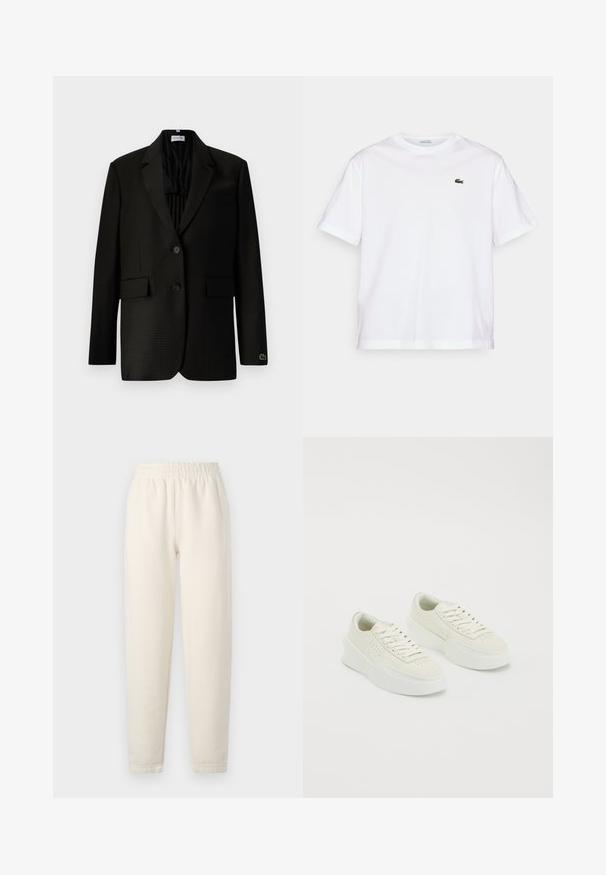 Sötét kockás, két gombos zakó, amelynek fémgallérja van, hajtókás zsebei, mellzsebe, valamint egy kis hímes krokodil-logó található a bal kézeljén.; Fehér pamut póló, kerek nyakkivágással és rövid ujjakkal. A mellkason zöld hímzett logóval rendelkezik. Puha tapintású, laza szabású.; Tejesszínű melegítőnadrág puha anyagból. Jellemzője az elasztikus derékpánt és a keskeny láb kialakítás, finom varrási részletekkel.; Fehér, alacsony szárú sportcipők vastag talppal és fűzővel, oldalán és orrán perforált részletekkel, fehér háttéren bemutatva.