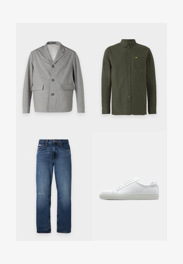 Harmaa bleiseri, joka on valmistettu teksturoidusta kankaasta. Siinä on lovellinen kaulus, kolme nappia ja kaksi etutaskua. Siisti, moderni muotoilu.; Tummanvihreä pitkähihaisessa napillista paitaa, jossa on napitettava kaulus, rintatasku ja pieni keltainen brodeerattu lintulogo taskussa.; Siniset farkut suoran lahkeen muotoilulla. Edessä kuluneita kohtia ja kevyttä kulumista, klassinen napitus.; Valkoinen tennari, jossa on sileä nahkapäällinen ja matala profiili. Ominaisuuksiin kuuluu pyöreä kärki, kuusi rei'itystä ja teksturoitu kumipohja.