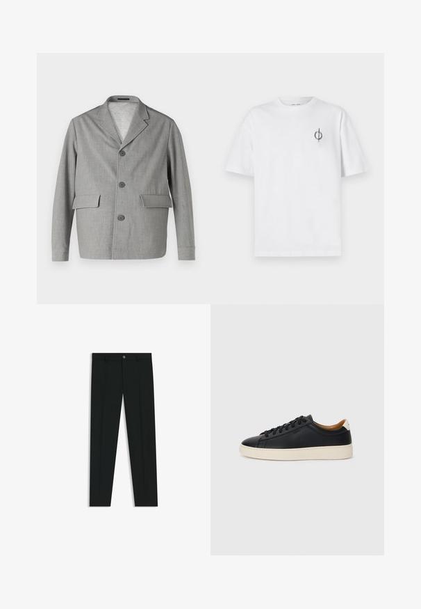Grå blazer i texturerad tyg, med avskuren krage, tre knappar och två framfickor. Ren, modern design.; Vit bomullströja med avslappnad passform, med en liten svart grafisk logotyp på vänster bröstområde. Korta ärmar, rundad hals.; Svarta dressbyxor med rak bendesign, gjorda av ett mjukt tyg. Har stängning med frontknapp och bälteshällor. Enfärgade utan mönster.; Svarta lädersneakers med en slät yta, beige gummisula, snörning och en kontrasterande hälackcent.
