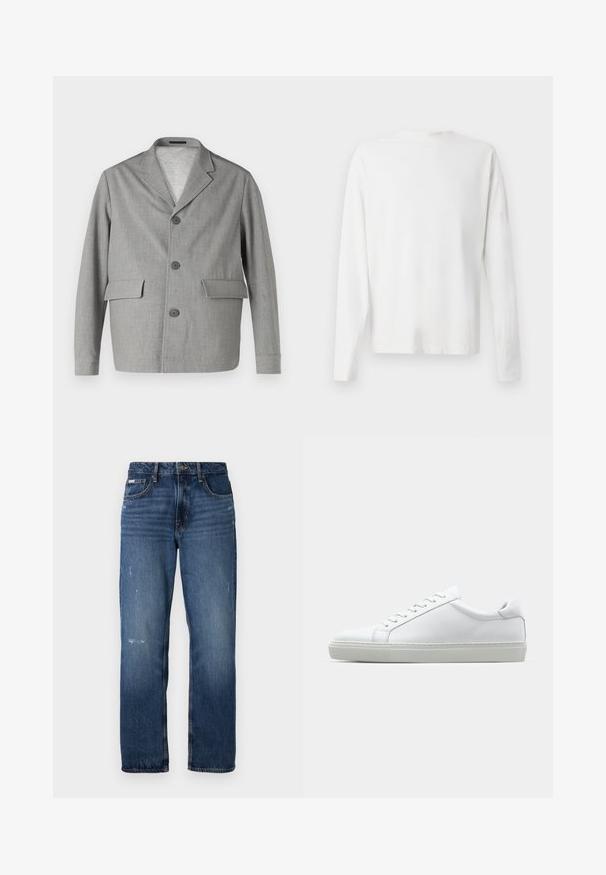 Hall hall, mis on valmistatud tekstureeritud kangast, notšitud kraega, kolme nööbiga ja kahe esipocketiga. Puhtad, kaasaegsed jooned.; Pikad varrukad, valge puuvillane särk ümmarguse kaelusega, külgedel lõhikud all ja sile tekstuur, nähtav tagant.; Sinine denimist valmistatud sirge jala disainiga teksad. Esiosal on pleekinud alad ja kerge kulumine, klassikaline nupplukuga.; Valge tennisetoss, millel on sile nahk pealis ja madal profiil. Omab ümarat ninaosa, kuut silmust ja tekstuuriga kummist talda.