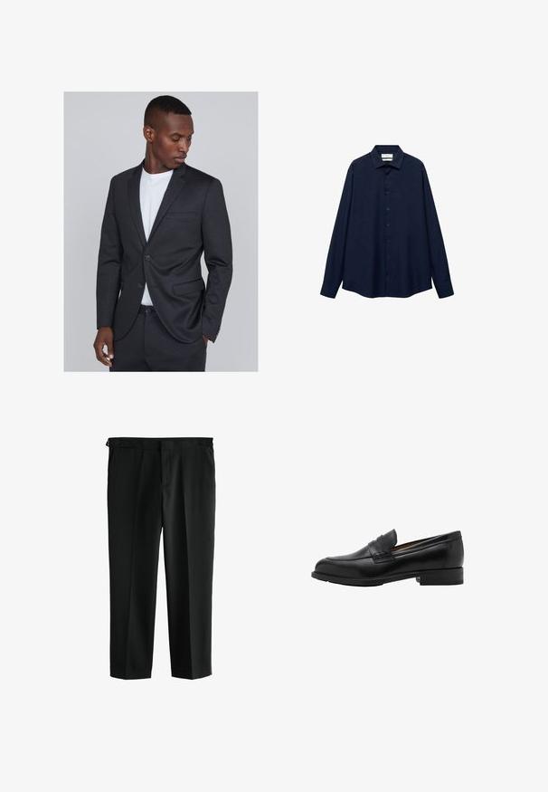 Tmavošedý prispôsobený oblekový sako so slim fit strihom, zapínaním na jeden gombík a klopami. Hladká textúra so subtílnym vzorom.; Námornícky modrá košeľa na gombíky s golierom, dlhými rukávmi a rovný lem. Má hladkú textúru a päť predných gombíkov.; Čierne nohavice so strihom rovného nohu, vyrobené z hladkej tkaniny. Obsahujú dve predné vrecká a pás s pútkami na opasok.; Čierne kožené mokasíny s prešitým predným dielom a plochým opätkom. Hladký povrch s guľatou špičkou a dekoračným pásom cez nárt.