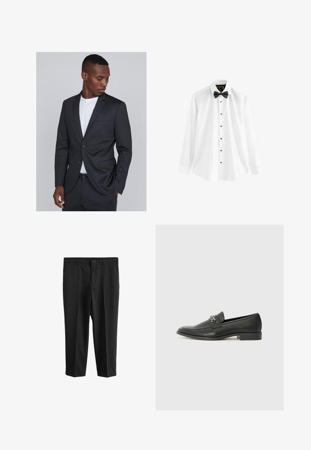 Sötétszürke, testhezálló szabású zakó, egy gombos záródással és bemetszett gallérral. Sima textúra, finom mintázattal.; Fehér pamut ing, hosszú ujjakkal, fekete csokornyakkendővel és fekete gombokkal az elején.; Next REGULAR FIT - Öltönynadrág - black; Fekete bőr loaferek sima felülettel, varrott mintával és díszítő fém lánccal a cipő elején. Lapos sarok.