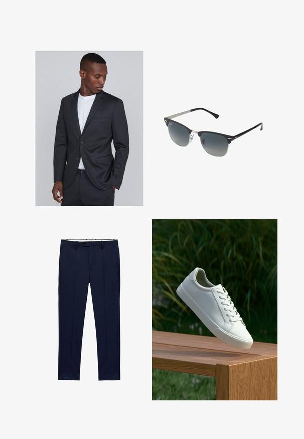 Tmavošedý prispôsobený oblekový sako so slim fit strihom, zapínaním na jeden gombík a klopami. Hladká textúra so subtílnym vzorom.; Biele tričká s krátkym rukávom naukladané na sebe, vyrobené z bavlny. Majú okrúhly výstrih a rovný strih. Tkanina vyzerá hladko, bez vzorov.; Námornícke modré nohavice so slim fit strihom a prúžkovaným vzorom. Obsahujú zips, pútká na opasok a predné vrecká. Hladká textúra látky.; Biele šnurovacie tenisky sa vznášajú nad drevenou lavicou so zeleným porastom v pozadí, predvádzajúc design a textúru topánok.; Čierne a strieborné slnečné okuliare v tvare mačacích očí so stupňovými šošovkami a kovovými akcentmi na ráme. Plastové nožičky s šedými koncami.