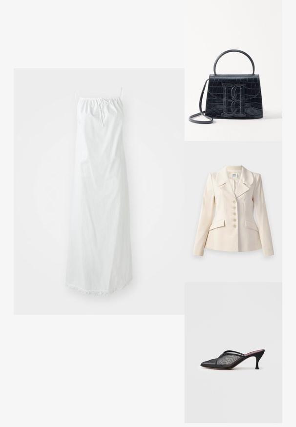 Smėlio spalvos pritaikytas švarkas su dideliais atvartais, penkių mygtukų užsegimu, dviem priekinėmis kišenėmis ir struktūrizuotu siluetu. Lygi audinio tekstūra.; Balta medvilninė maksi suknelė su reguliuojamomis sagčių petnešomis, sudaryta iš renkamo apykaklės ir banguoto krašto detalės. Lygus tekstūra ir laisvai krintantis dizainas.; Juodas tinklinis mules, su smailiu pirštu, plonais dirželiais ir 7,5 cm aukščio stiletto kulnu. Pasižymi permatomu tekstūru ir tvirtu toniniu padu.; Juodas krokodilo rašto odinis rankinės krepšys su struktūruotu dizainu, viršutine rankena, reguliuojamu dirželiu ir išsiskiriančiu priekinio logo detale.