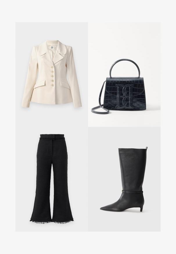 Beige tailored blazer with large lapels, five button closure, two front pockets, and a structured fit. Smooth fabric texture.; Black turtleneck sweater made of soft fabric, featuring ribbed accents at the collar and cuffs, with a relaxed fit and side slits.; Black wide-leg pants with textured fabric, frayed hem, and elastic waistband. The design features a smooth finish and relaxed fit.; Black leather knee-high boot with a pointed toe, accented by a circular strap around the ankle and a low, tapered heel. Smooth texture.; Black crocodile-embossed leather handbag with a structured design, top handle, adjustable strap, and a prominent front logo detail.