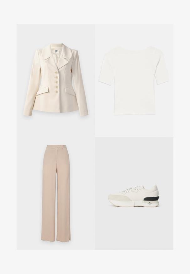 Beige op maat gemaakte blazer met grote revers, vijf knoopsluitingen, twee voorzakken en een gestructureerde pasvorm. Gladde stoftextuur.; Witte ribben top met korte mouwen en een brede hals. De textuur heeft verticale strepen, die een snug fit en eenvoudig ontwerp benadrukken.; Beige wijde broek gemaakt van een lichtgewicht stof. Kenmerkt zich door een soepele textuur, zijzakken en een subtiele tailleband.; Witte sneaker met een getextureerde suede neuskap, een soepel mesh bovenwerk, decoratieve veters en een zwarte rubberen hakaccent.
