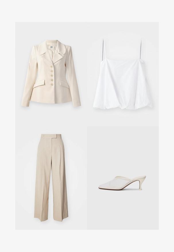 Beige tailored blazer with large lapels, five button closure, two front pockets, and a structured fit. Smooth fabric texture.; White sleeveless top with thin straps, made from lightweight fabric. Featuring a loose design and gathered texture at the hem.; Beige wide-leg trousers made of textured fabric, featuring a flat front, pleats, and a waistband. The legs are straight and flowy.; White mesh pointed-toe mule with a slim mid-height heel and slip-on design against a plain background.