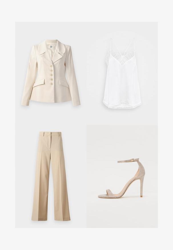Beige szabott blazer nagy hajtókákkal, öt gombos záródással, két elülső zsebével és strukturált szabással. Sima szövet textúra.; Fehér pántos top V-nyakkivágással, vékony pántokkal, texturált csipke díszítéssel a vállaknál és ívelt szegéllyel. Simás anyagfelület.; Beige színű, bő szabású nadrág sima anyagból, lapos elejével, redőkkel, cipzáras záródással és övhurkokkal. Összességében testreszabott szabású.; Fém rózsaarany színű, pántos magassarkú szandál, texturált felsőrésszel, nyitott orral és arany csattal díszített bokapánttal.
