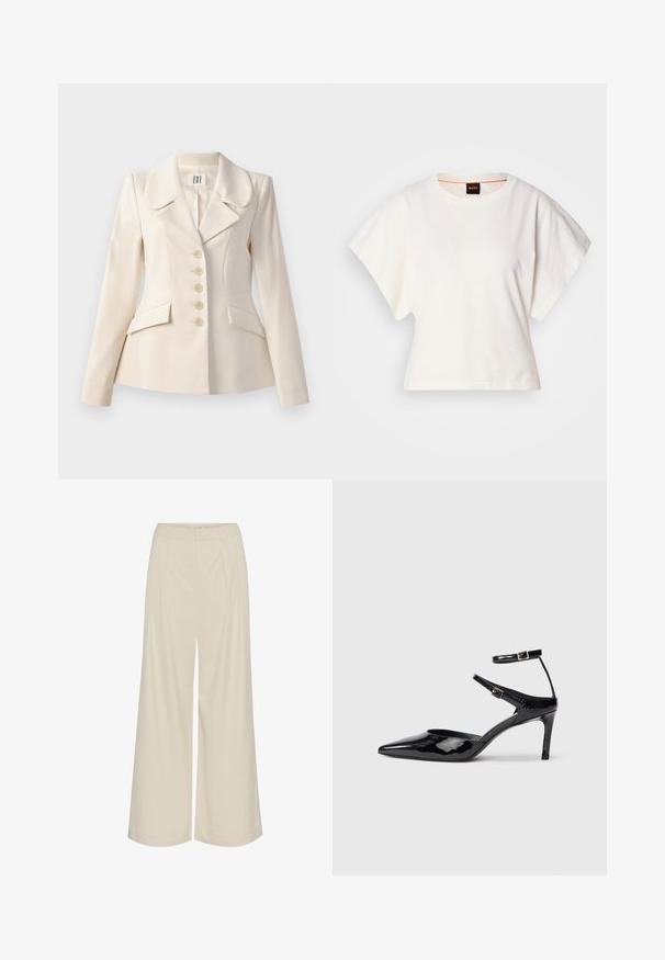 Bež ülikondblazer, millel on suured kraed, viie nupuga kinnitus, kaks eesmist taskut ja struktureeritud istuvus. Sile kangatekstuur.; Valge lühikeste laiadte varrukatega lühike T-särk, pehme puuvillane materjal, ümar kaelus kergelt oranži ääristusega, minimaalne disain, ilma mustrite ja graafikateta.; Laia jalad kerge beeži kangaga, millel on voldid, kõrge vöökoht ja sile tekstuur ilma nähtavate kaunistusteta.; Mustad nahast mustad kontsad terava ninaga, reguleeritavate pahkluu rihmade ja õhukese kontsaga. Sile tekstuur läikiva viimistlusega.
