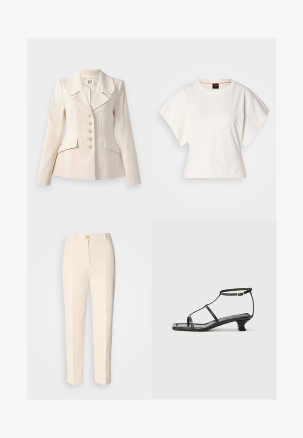 Bež jakna s prilagojenim krojem, velikimi reverji, zapiranjem na pet gumbov, dvema sprednjima žepoma in strukturiranim izgledom. Gladka tekstura blaga.; Bela skrajšana majica s kratkimi širokimi rokavi, mehka bombažna tkanina, okrogla ovratnica z diskretnim oranžnim robom, minimalističen dizajn, brez vzorcev ali grafike.; Kremne hlače z visokim pasom, izdelane iz teksturirane tkanine. Imajo sprednje zapiranje na gumb in ožje noge.; Črne usnjene sandale s kvadratnim prstom, tankimi trakovi, nastavljivim trakom okoli gležnja in nizko peto. Imajo majhen zlat akcent na traku.